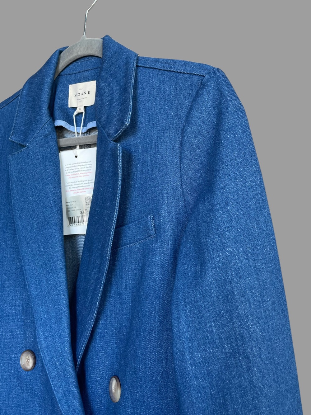 SEZANE NWT Blue Denim Cotton Double Breasted Lapels Blazer Christie Suit Jacket - Picture 13 of 17